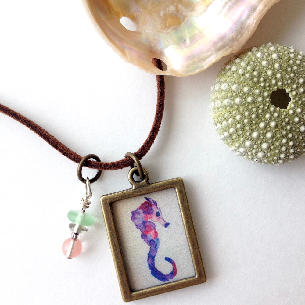 First finished seahorse watercolor necklace in Purple