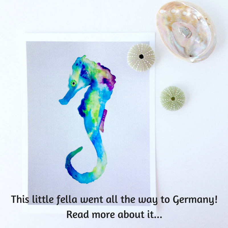 Teal and Purple Seahorse watercolor painting by Mika Harmony