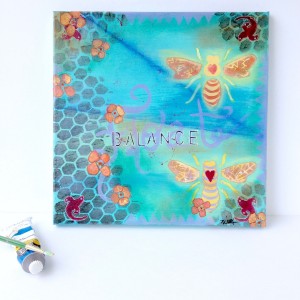 Lucky in Love bees mixed media painting on canvas in blues, greens and yellows by artist Mika Harmony