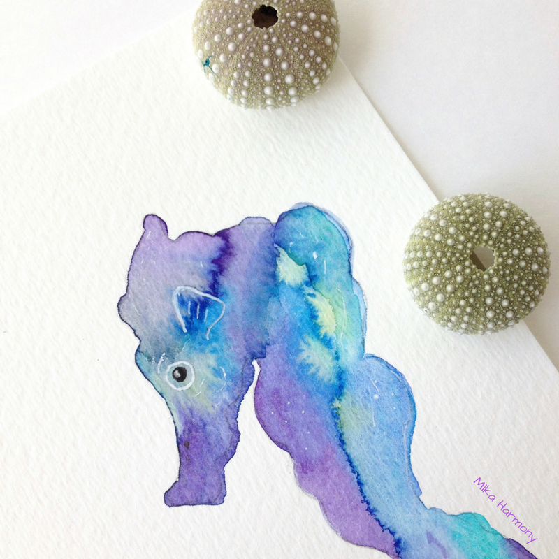 Playing in paint-Seahorse watercolor by Maui artist Mika Harmony