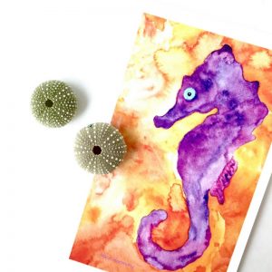 How to start a watercolor painting with an Orange and Purple watercolor seahorse