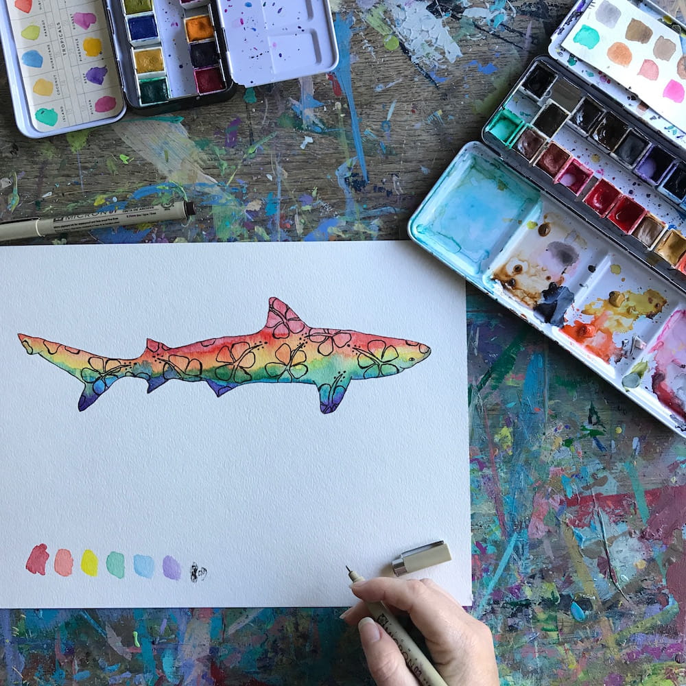 Rainbow Rasta Hibiscus Shark for Shark Week in Watercolors by Mika Harmony