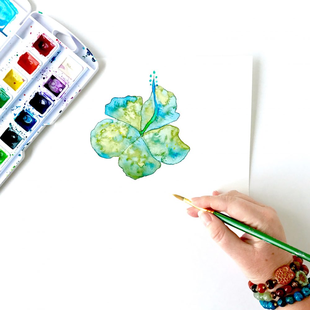 Green and Blue Hibiscus Watercolor by Mika Harmony