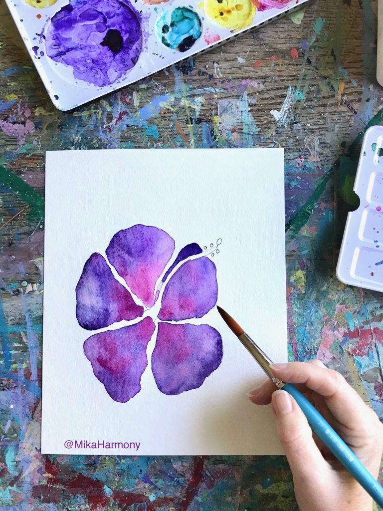 Hibiscus watercolor in progress by Mika Harmony