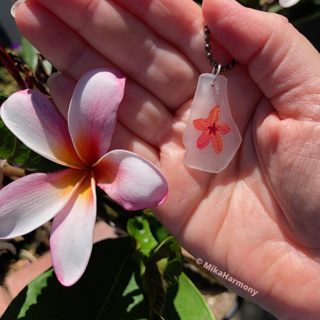 Hawaiian plumeria seaglass jewelry by Mika Harmony