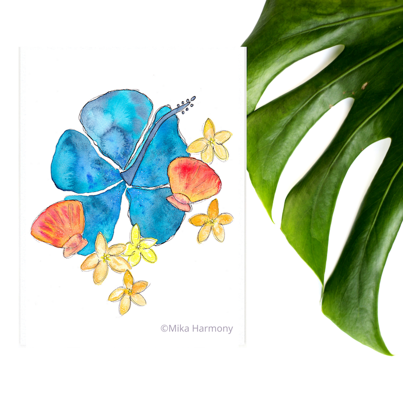 Sunrise Seashell and Flower watercolors by Mika Harmony